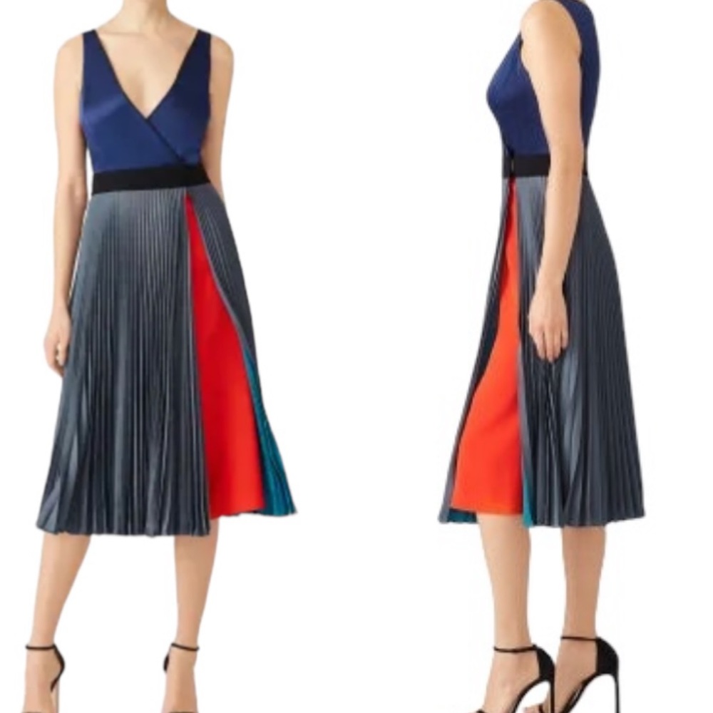Diane Von Furstenberg Navy, Gray & Red Colorblock Pleated Midi Dress